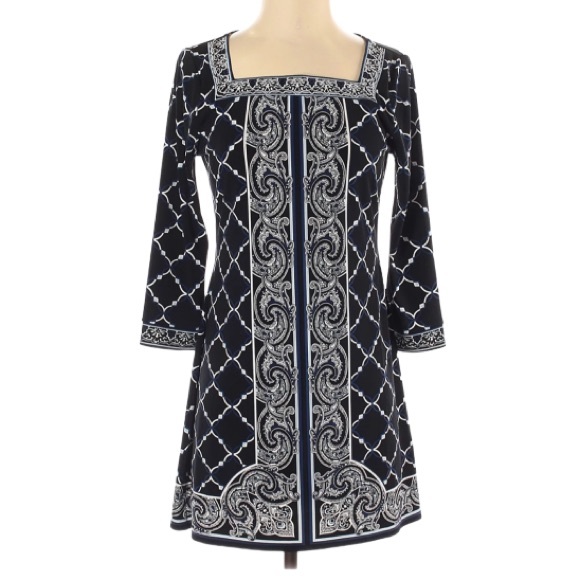 WHITE HOUSE BLACK MARKET 3/4 SLEEVE CLASSY DRESS PAISLEY PRINT SQUARE NECK SZ XS - Picture 1 of 14